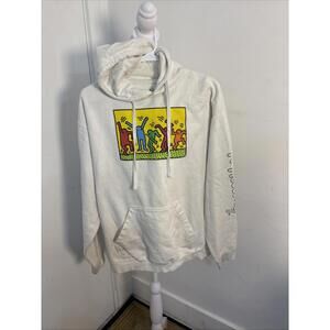 Keith Haring Mens Dancing Pop Art Signature White Hoodie Large